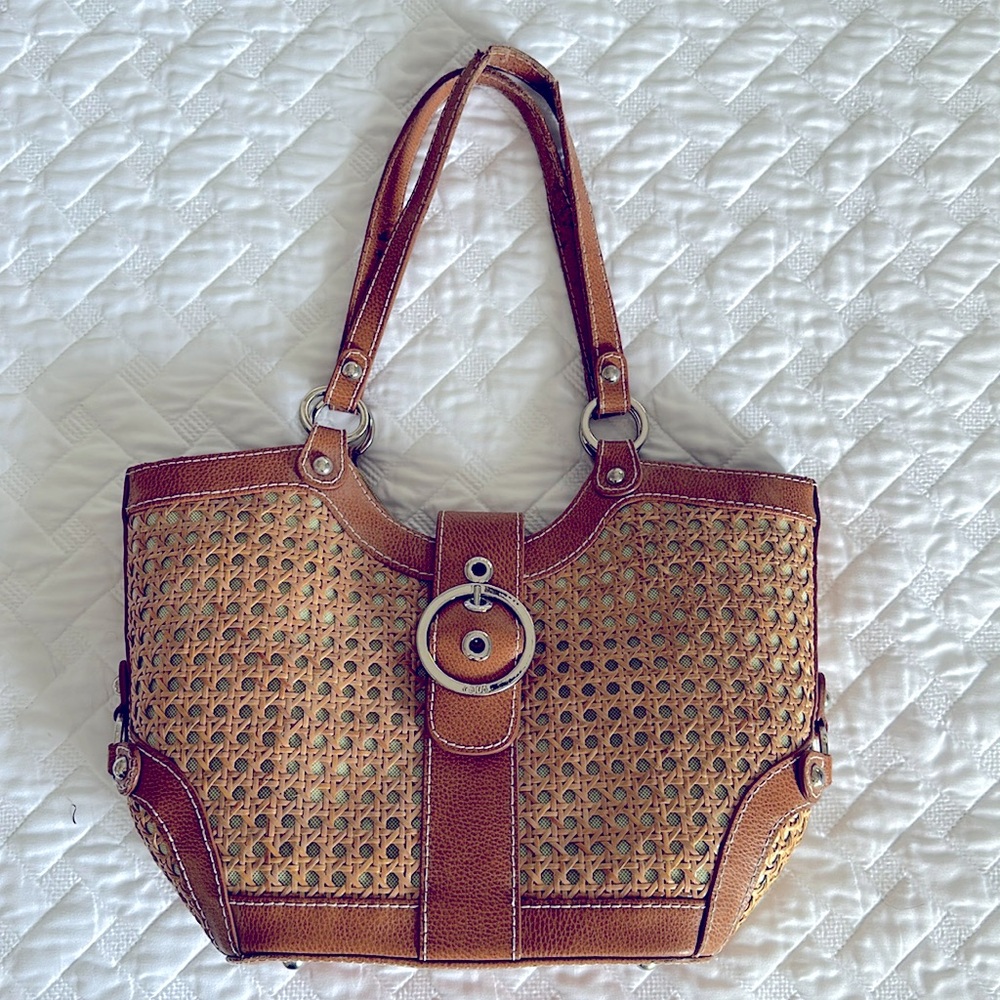Rafe New York Cane Rattan Handbag with Pink Gingham Lining